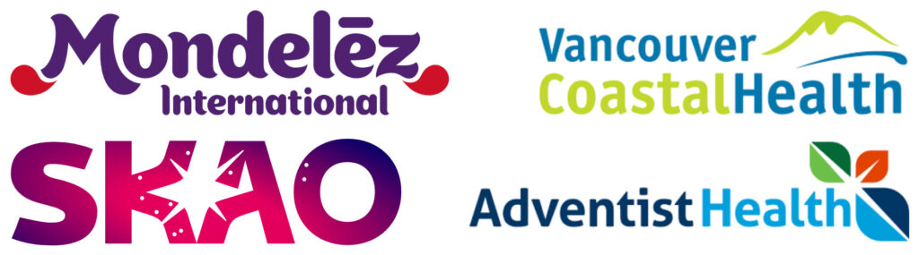 Logos for Mondelēz international, Vancouver coastal health, SKAO, and Adventist Health.