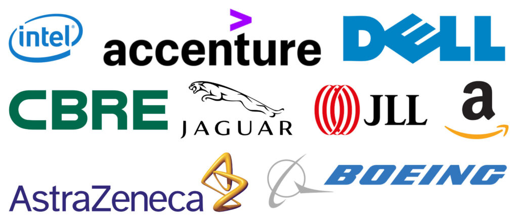Logos for Intel, accenture, dell, CBRE, jaguar, JLL, Amazon, AstraSeneca, and Boeing